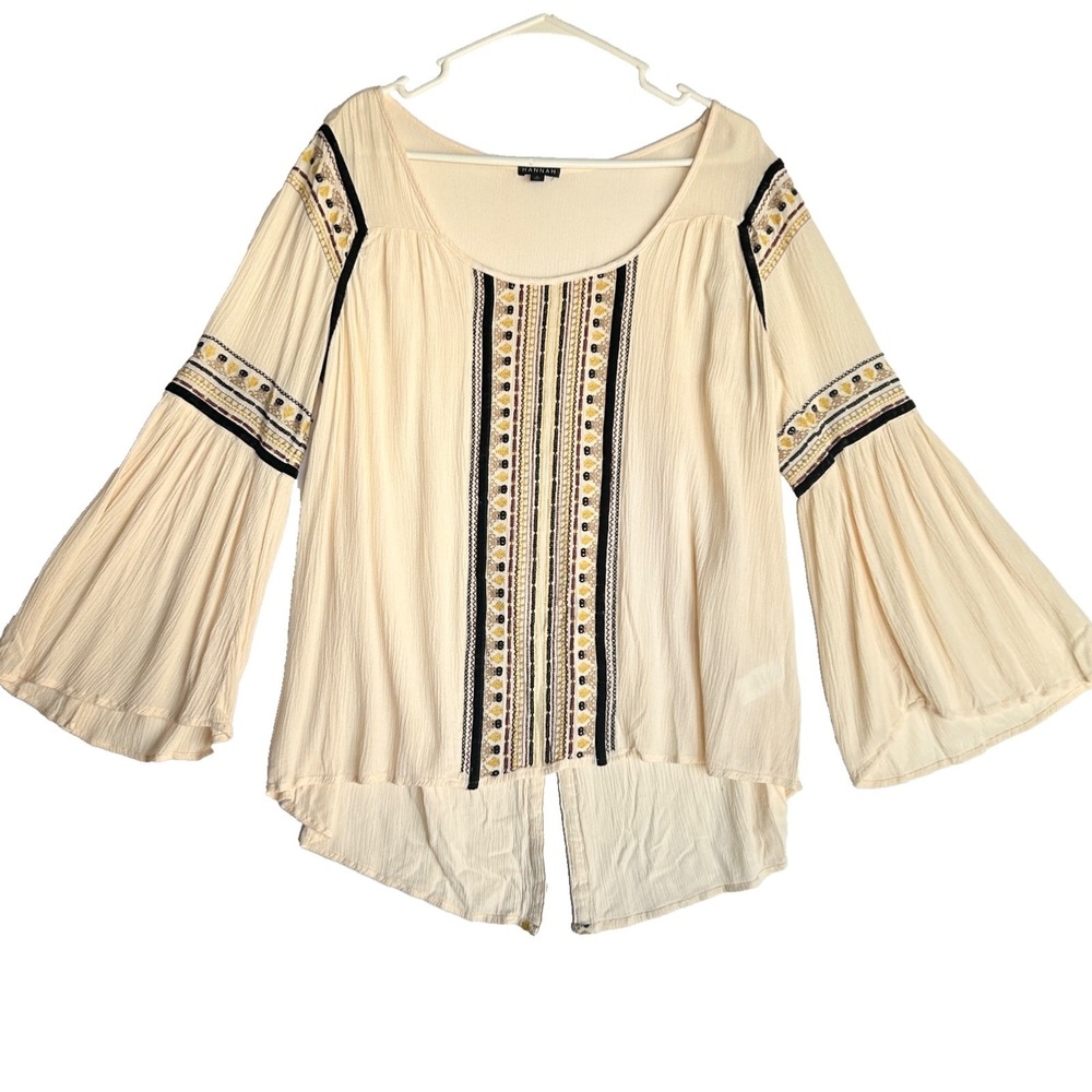 Hannah Embroidered Velvet Trim Peasant Flowy Boho Bell Sleeve Gauzy Top Womens M